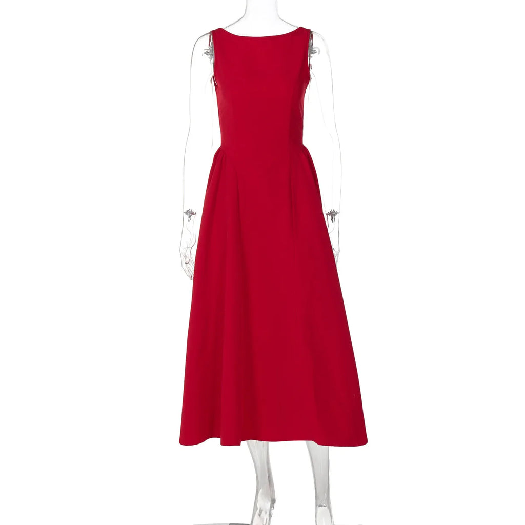 Straight Neck Sleeveless Flare Midi Dress