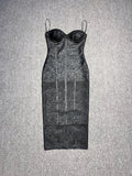 Strapless V-Neck Black Foil  Bandage Dress
