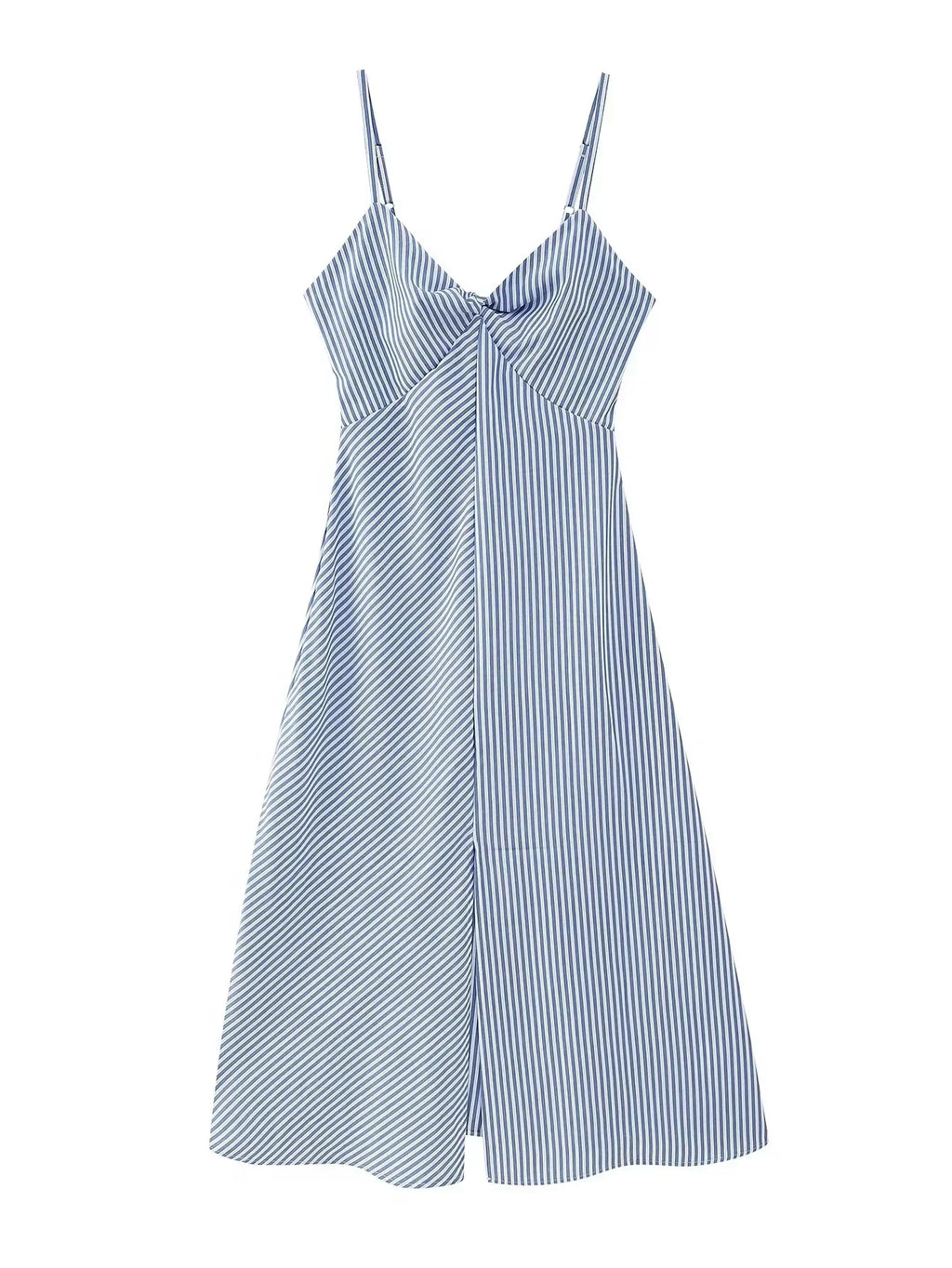 Back Zip Blue Striped Spaghetti Strap Midi Dress