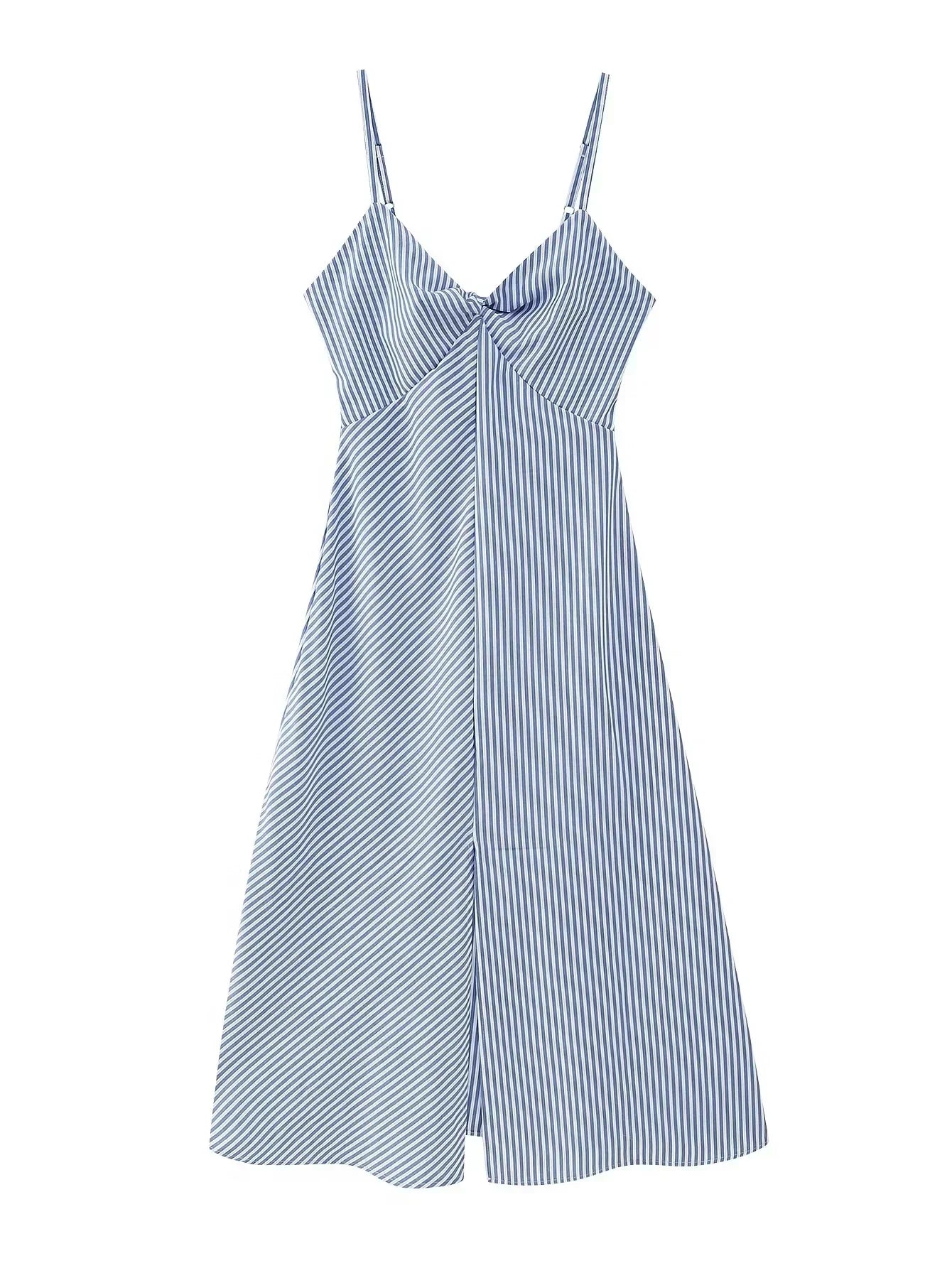Back Zip Blue Striped Spaghetti Strap Midi Dress