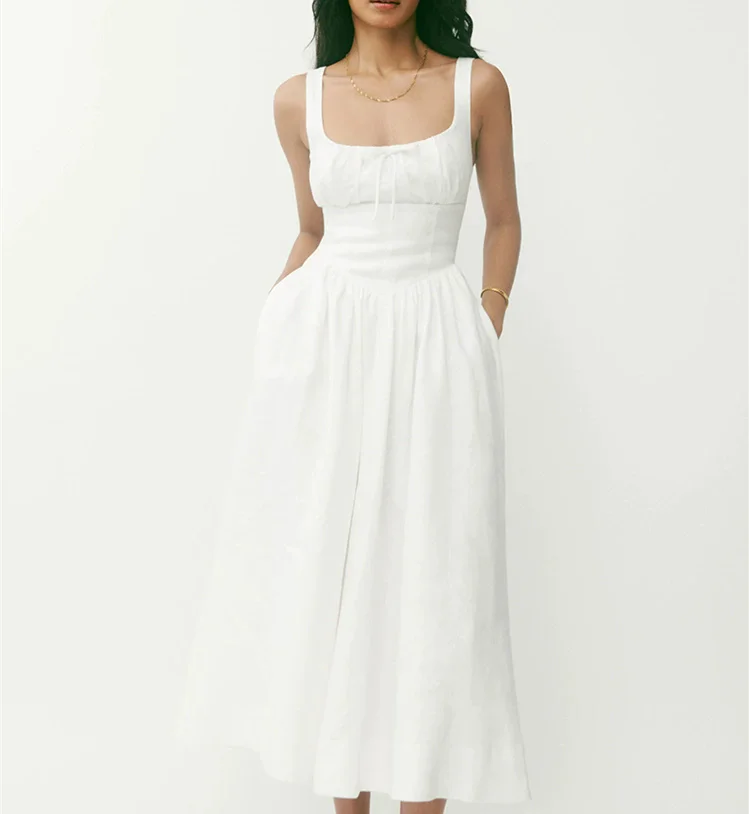 Floral Print Linen Square Collar Lace Up Mid Length Dress