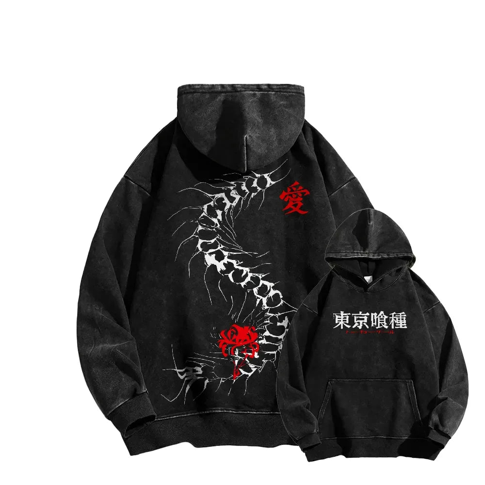 Anime Graphic Hooded Men Women Vintage Hoodies Washed Cotton Sweatshirt Harajuku Streetwear Male Pullover