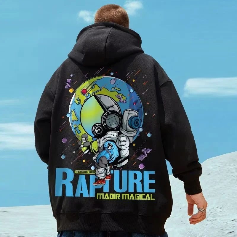 M-8XL Oversized Hoodies Men American Cartoon Astronaut Print Hoodie Loose Student's Large Soft Velvet Hooded Sweater