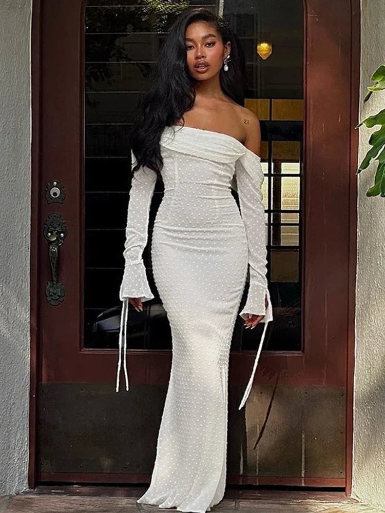 Polka Jacquard Long Flare Sleeves Midi Dress