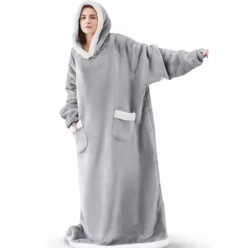 180cm Super Long Flannel Blanket Pyjamas with Sleeves Winter Hoodies Sweatshirt Women Men Pullover Fleece Giant Oversized Outd