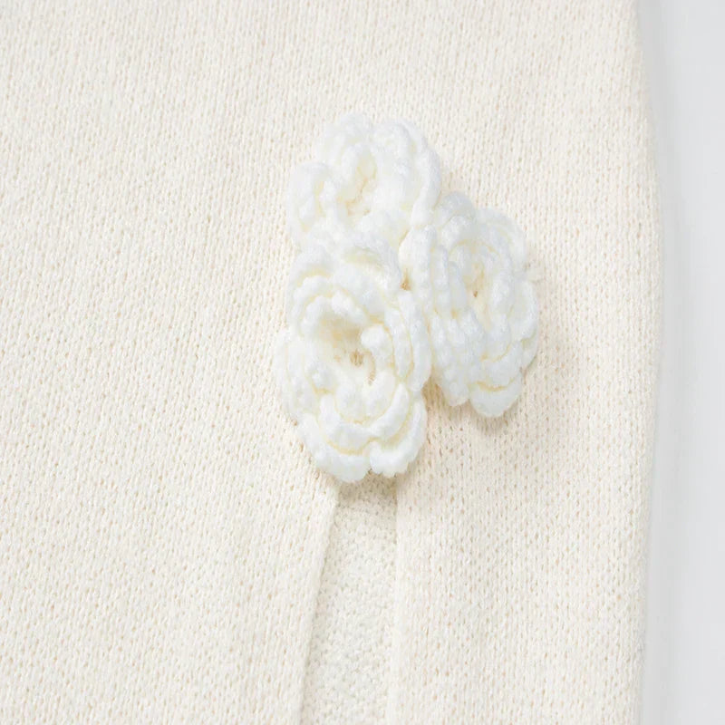 White Knit 3D Flower High Slit Midi Dress
