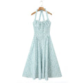 Floral Bow Halter Neck Lacing Up Midi Dress