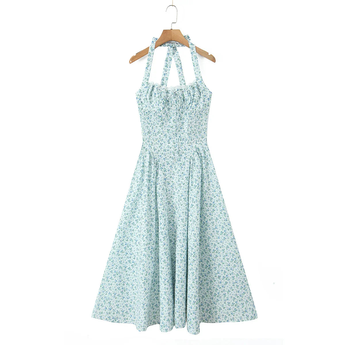 Floral Bow Halter Neck Lacing Up Midi Dress