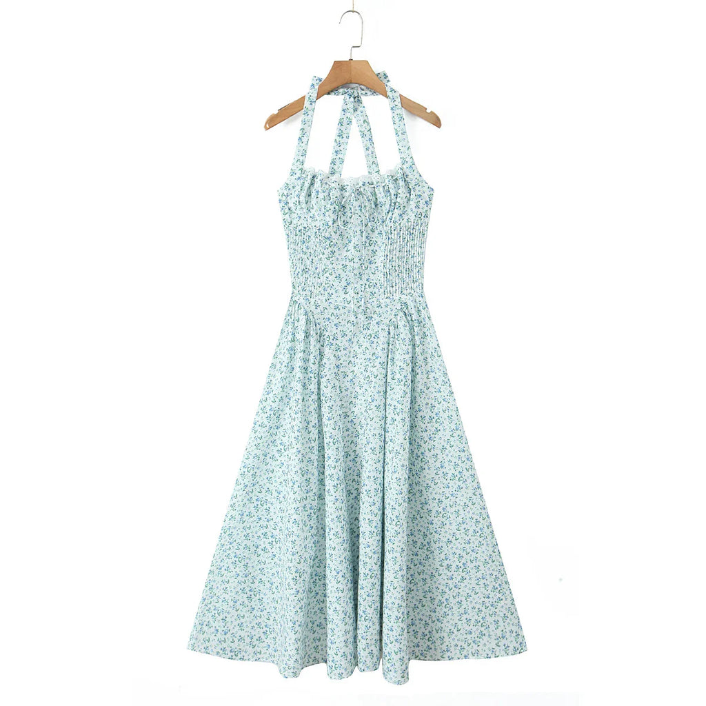 Floral Bow Halter Neck Lacing Up Midi Dress