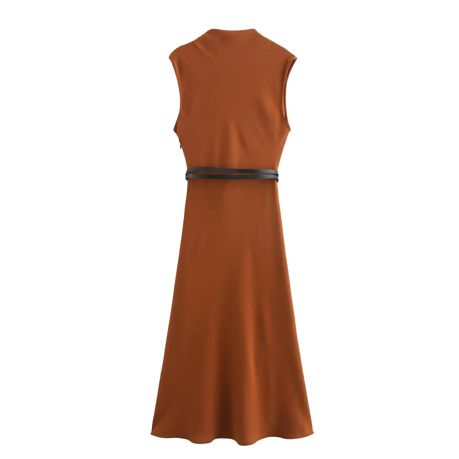 Solid Sleeveless Belted Midi Dress