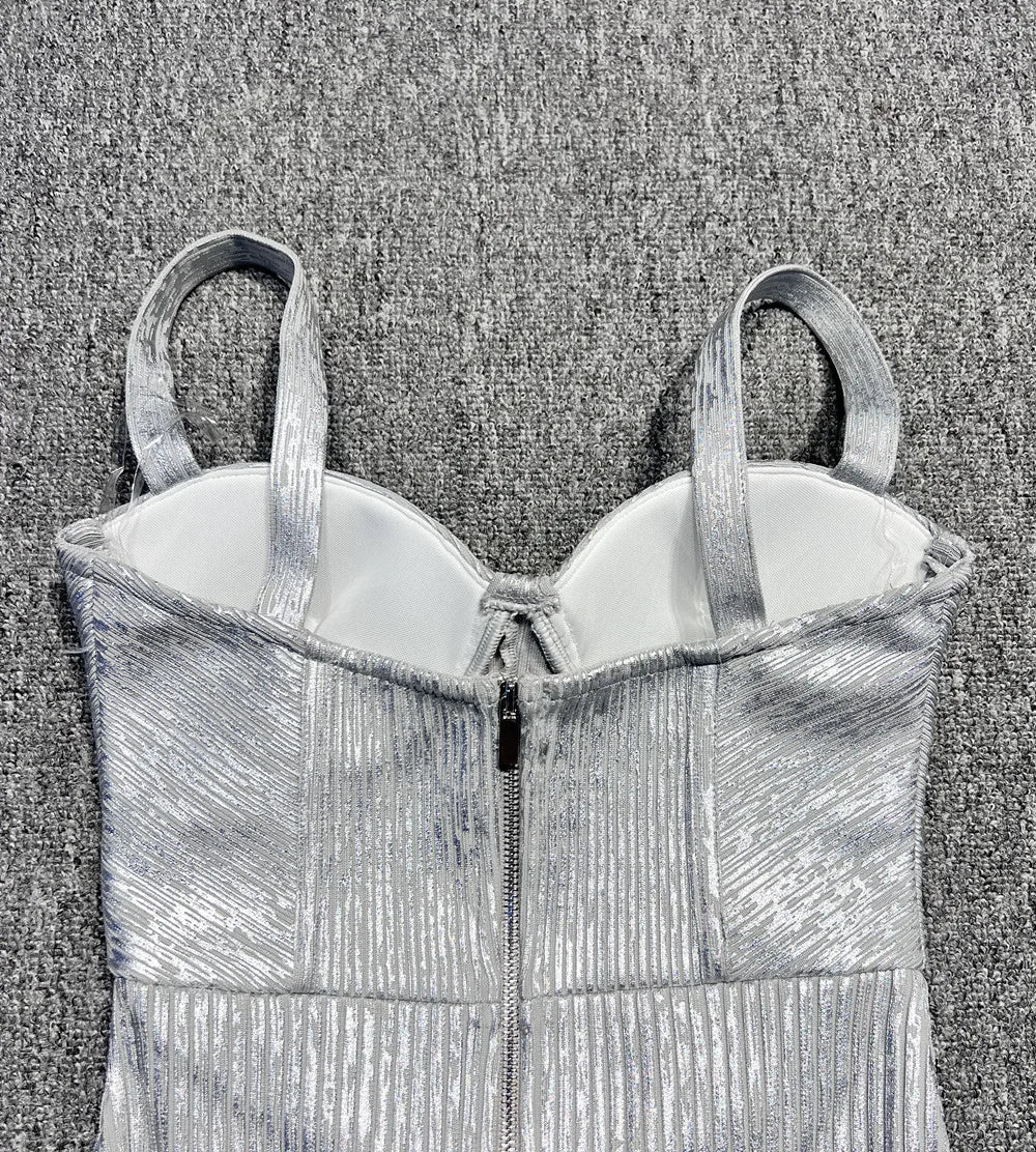Spaghetti Strap Sleeveless Silver Midi Dress
