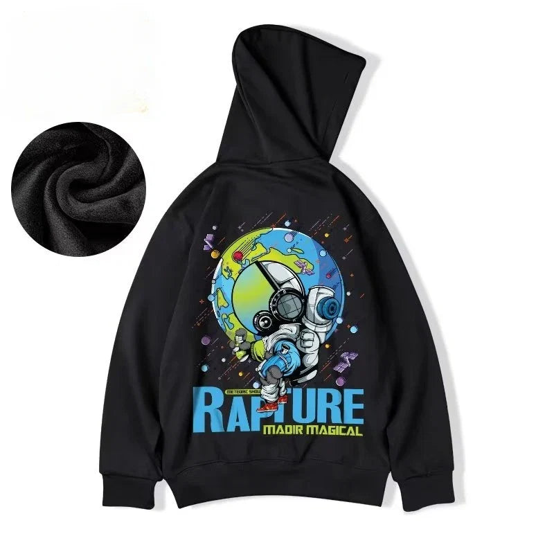 M-8XL Oversized Hoodies Men American Cartoon Astronaut Print Hoodie Loose Student's Large Soft Velvet Hooded Sweater