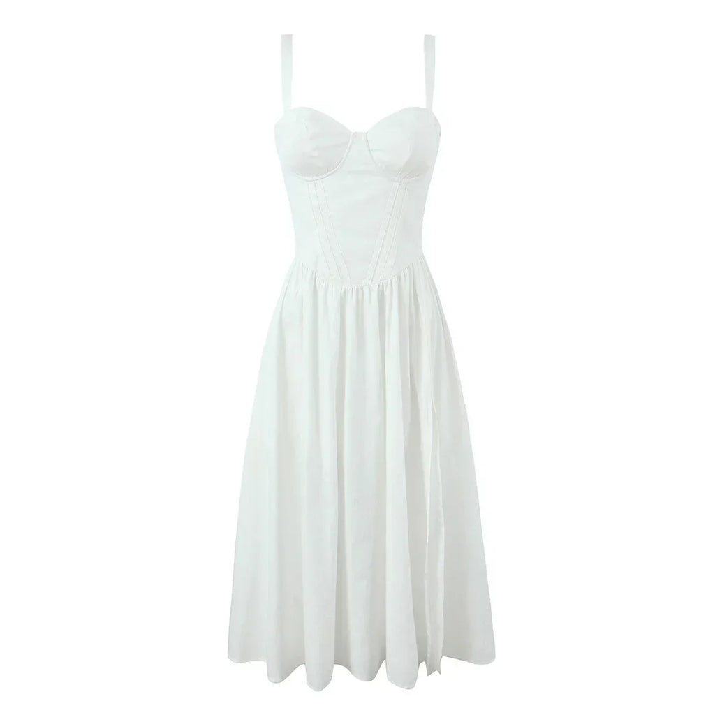 Wire Corset Style Low Waist White Midi Dress