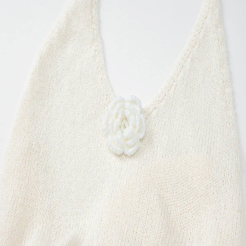 White Knit 3D Flower High Slit Midi Dress