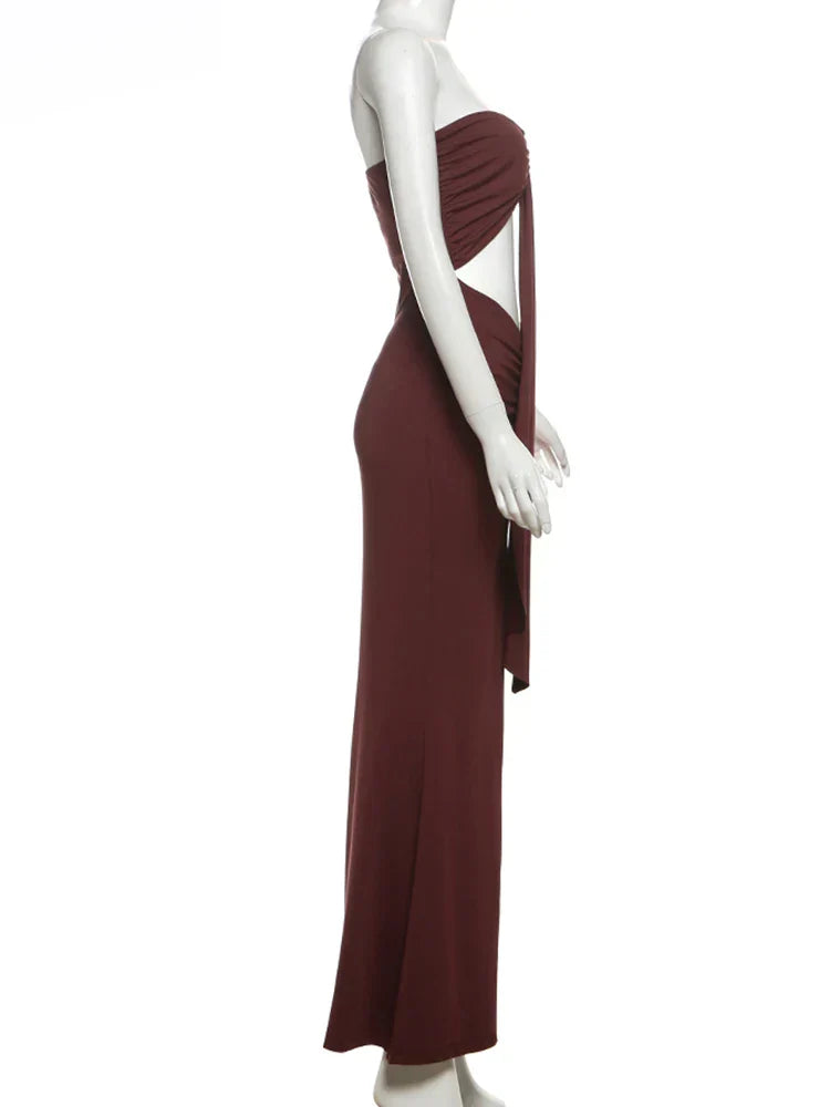 Brown Tube Cut Out Drape Midi Dress