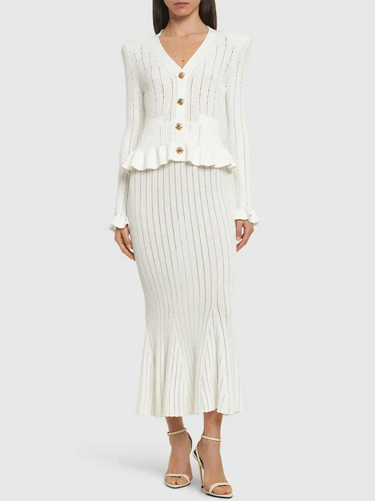 Ruffle Knitted Long Sleeve Mermaid Midi Dress