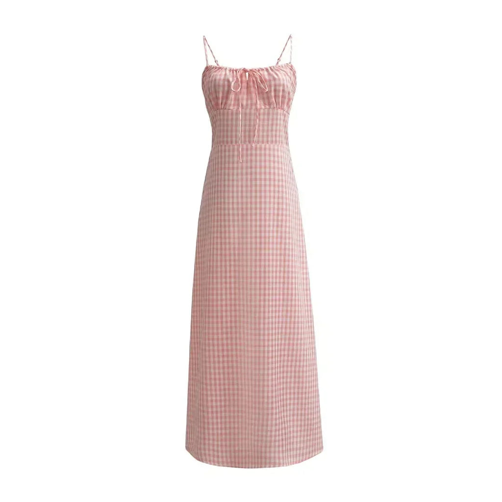 Spaghetti Strap Tie Up Plaid Pink Midi Dress