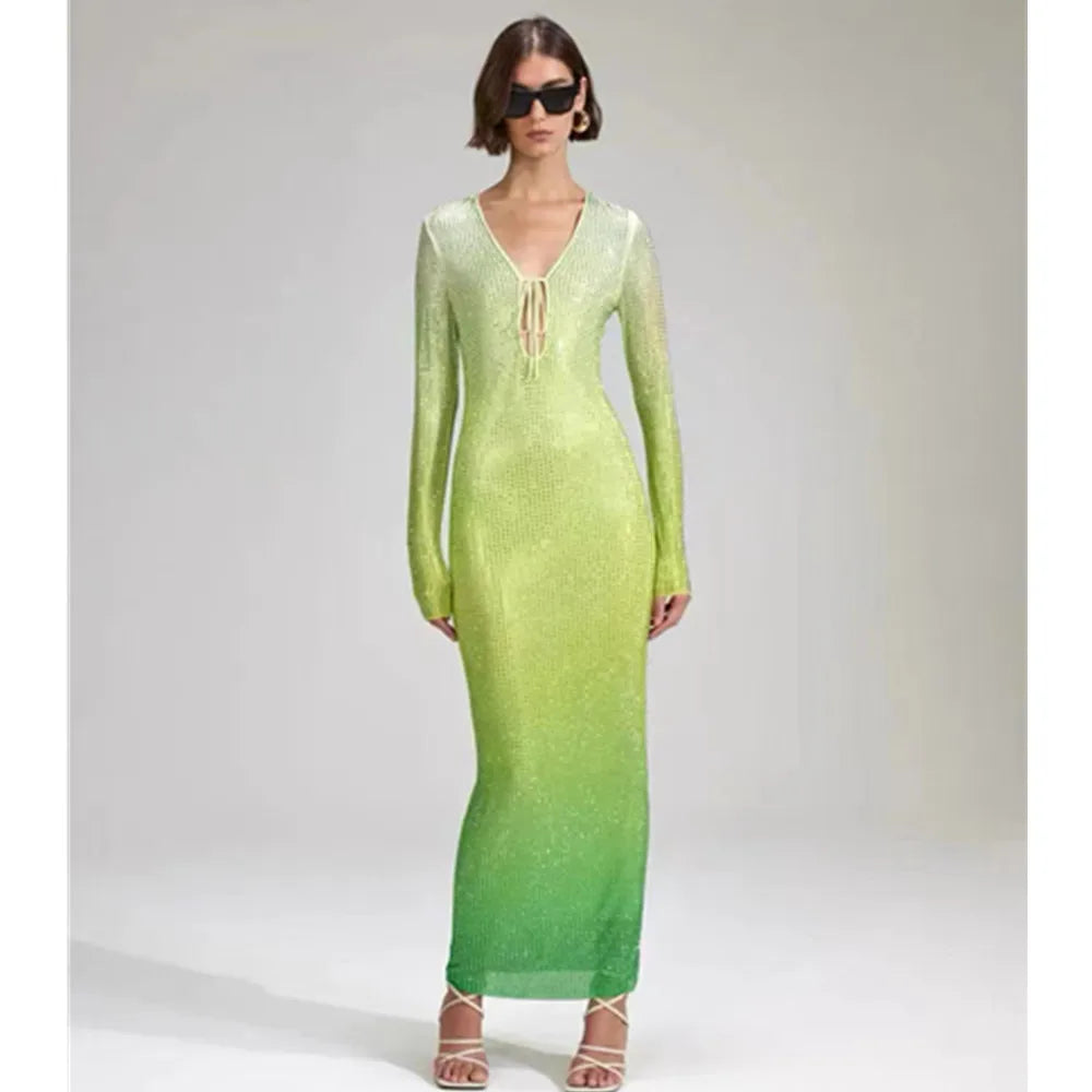 Green Gradient Midi Dress Shimmering Rhinestones & Bold Style