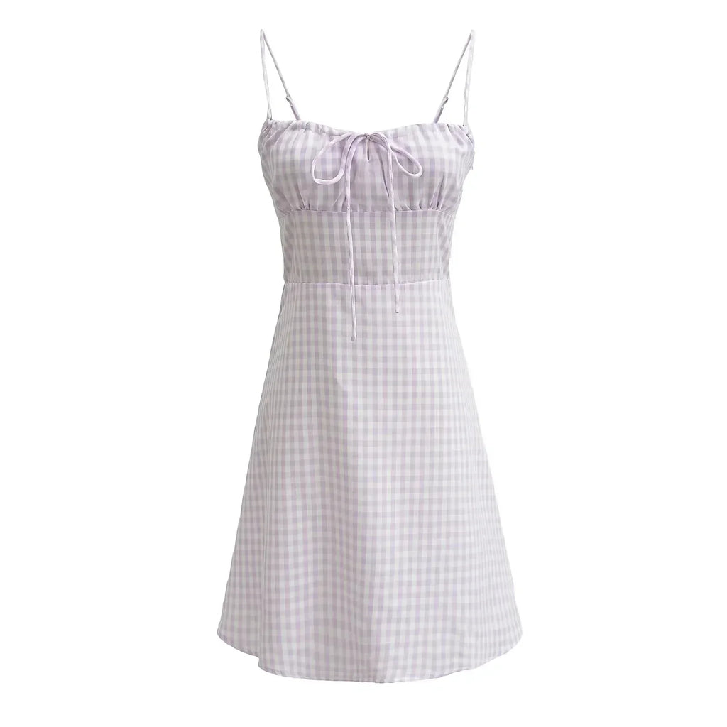 Spaghetti Strap Tie Up Plaid Pink Midi Dress