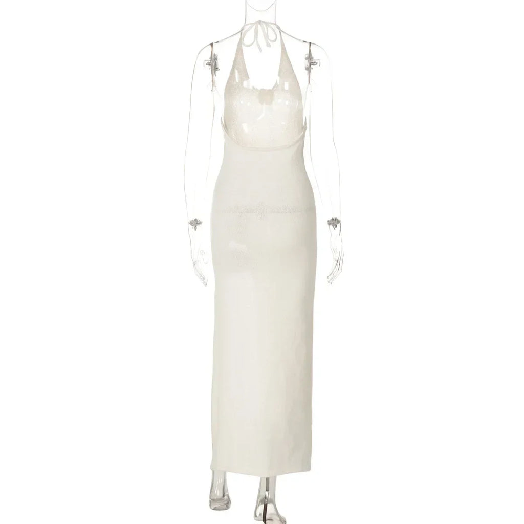 White Knit 3D Flower High Slit Midi Dress