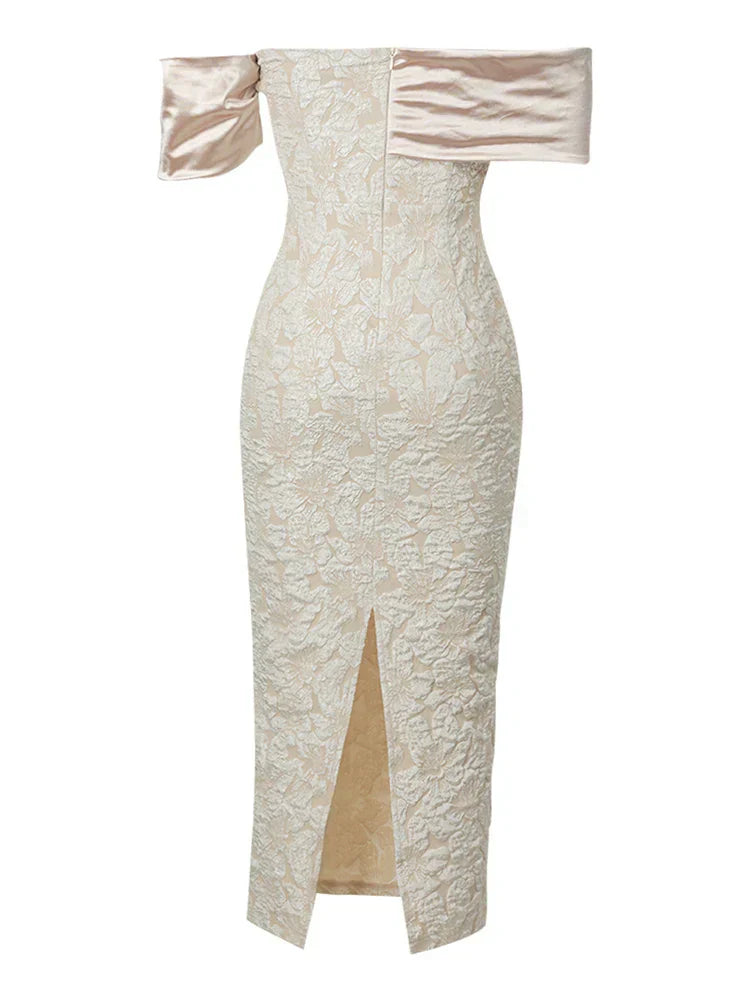 Slash Neck Embossed Flower Beige Dress