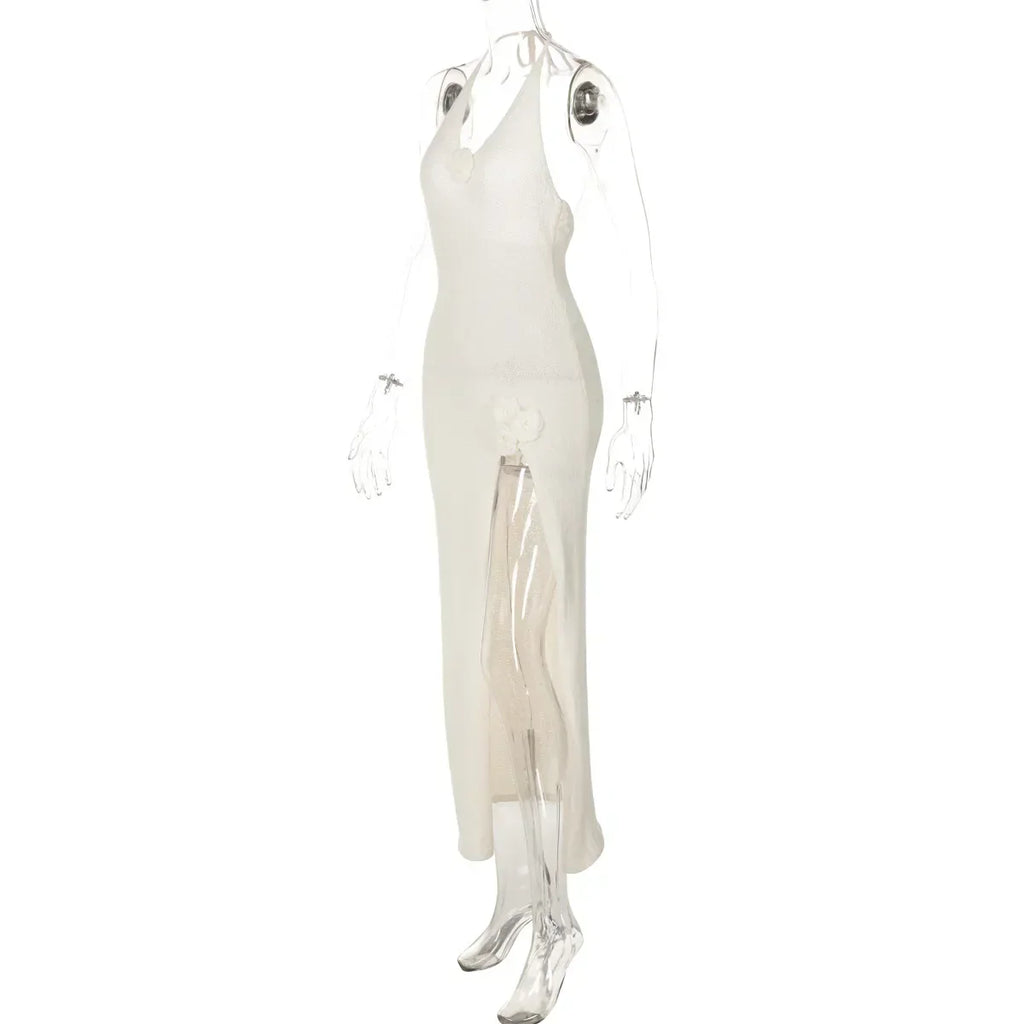 White Knit 3D Flower High Slit Midi Dress