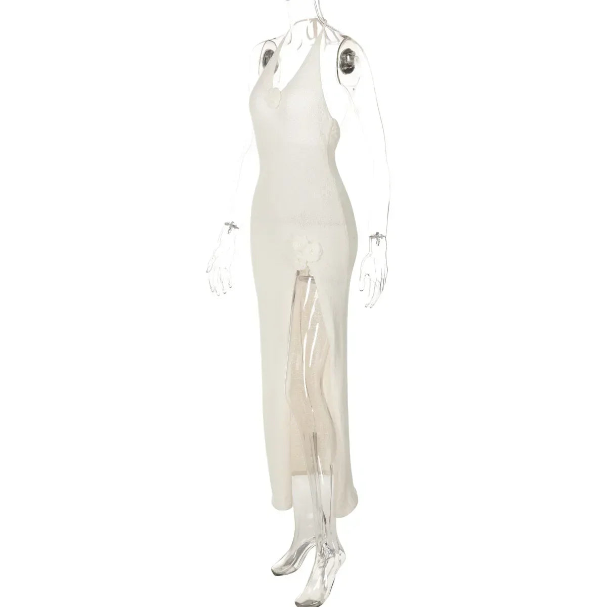 White Knit 3D Flower High Slit Midi Dress