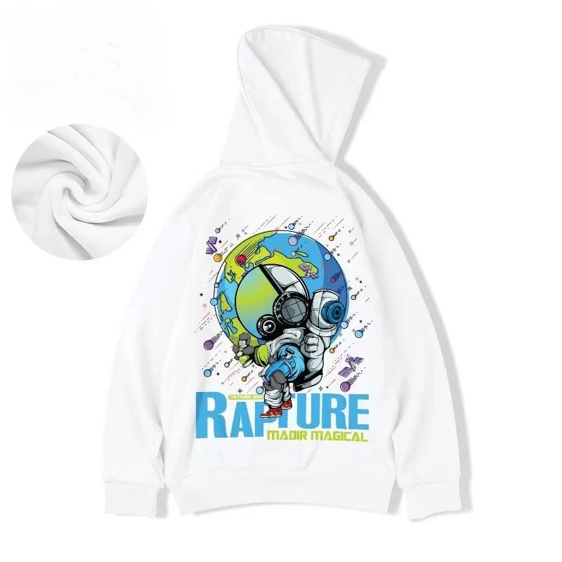 M-8XL Oversized Hoodies Men American Cartoon Astronaut Print Hoodie Loose Student's Large Soft Velvet Hooded Sweater