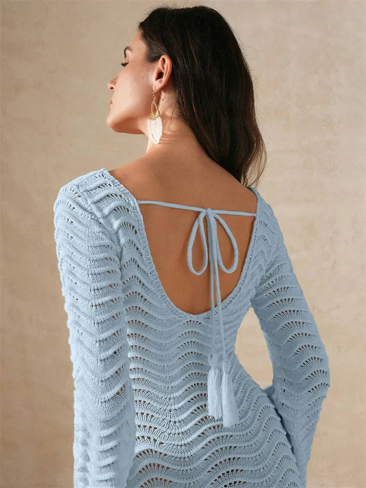 Knit Hollow-Out Loose Patchwork Lace-Up Summer Dress