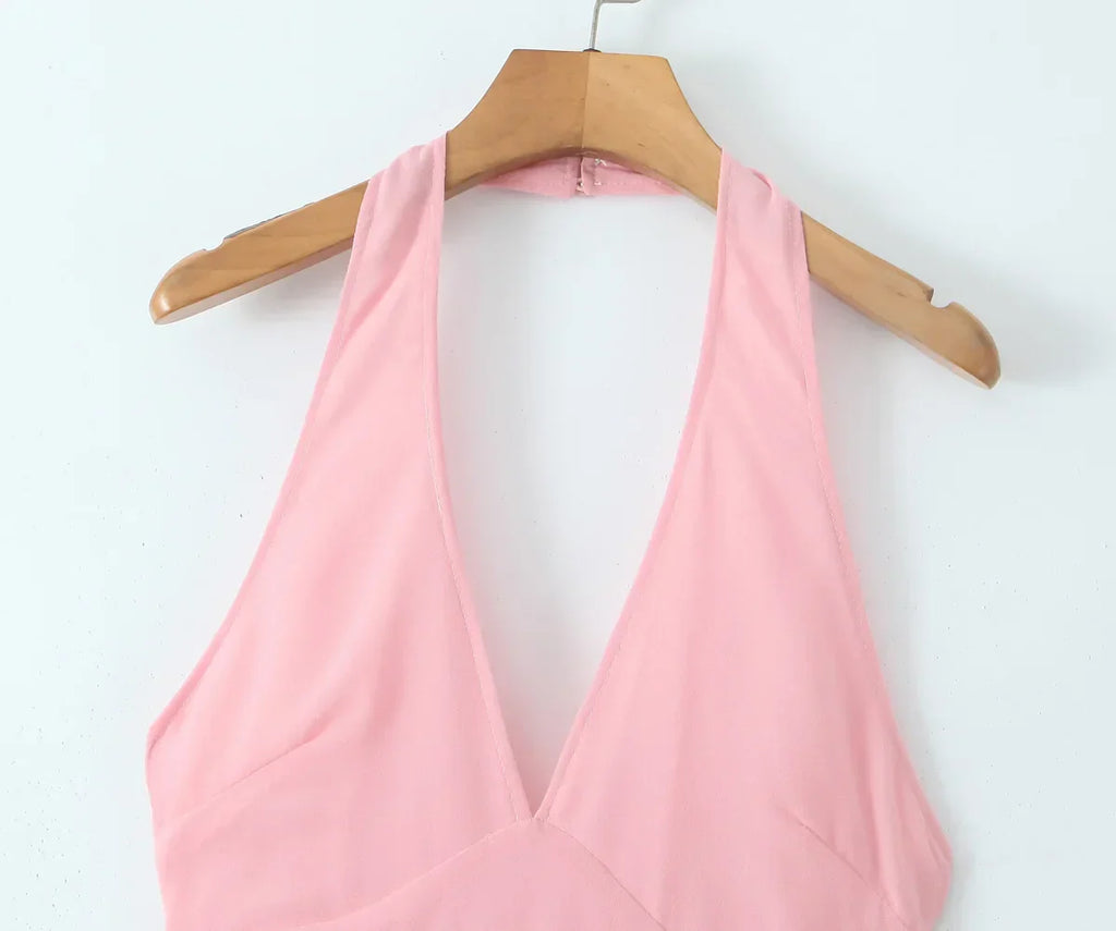 Pink Deep V Collar Halter Sling Midi Dress