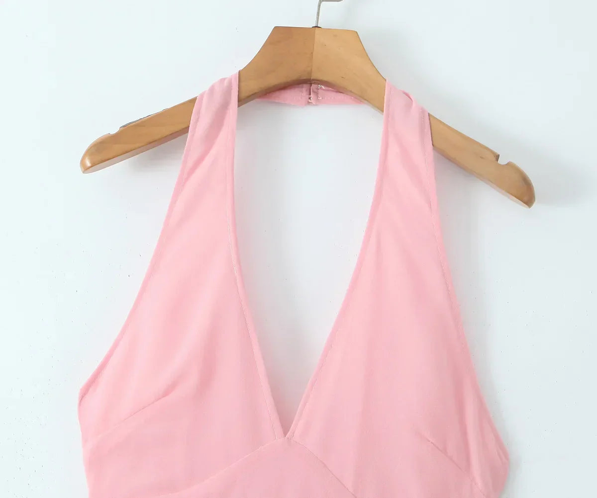 Pink Deep V Collar Halter Sling Midi Dress