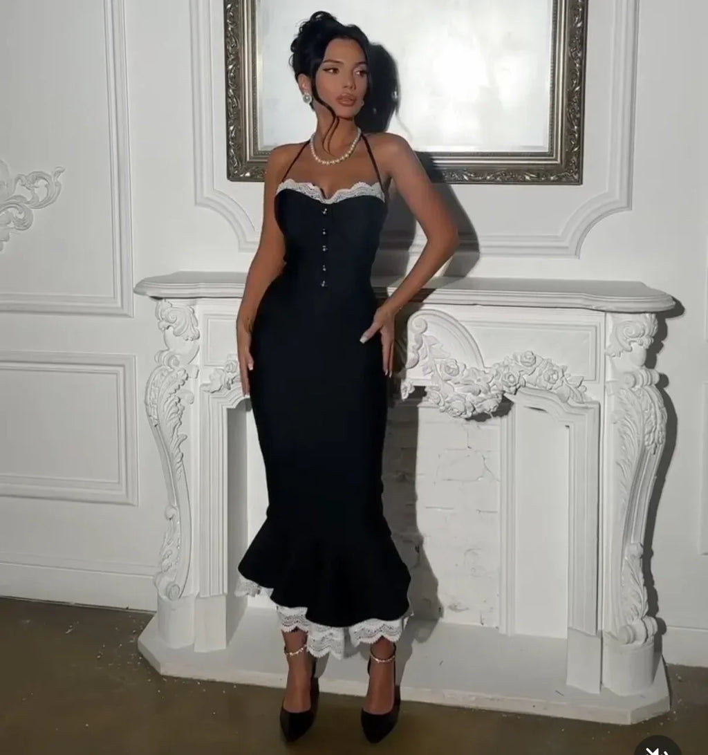 Black Lace Trumpet Spaghetti Strap Midi Dress