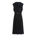 Solid Sleeveless Belted Midi Dress