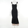Black Ruffle Trim Fishtail Midi Dress