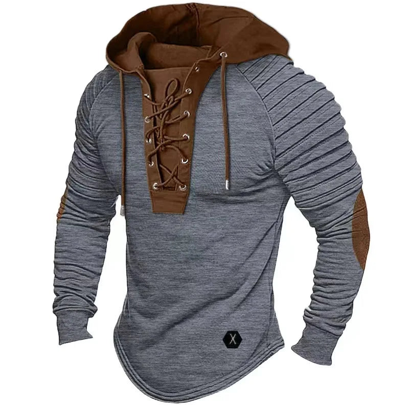Spring Autumn Men's Pullover Hooded T-shirts Sweatshirt Lace Sports Long Sleeve Folded Casual Clothes Hoodies For Male Tees Tops