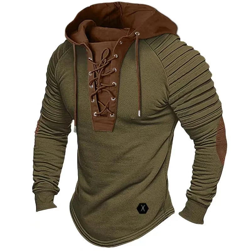 Spring Autumn Men's Pullover Hooded T-shirts Sweatshirt Lace Sports Long Sleeve Folded Casual Clothes Hoodies For Male Tees Tops