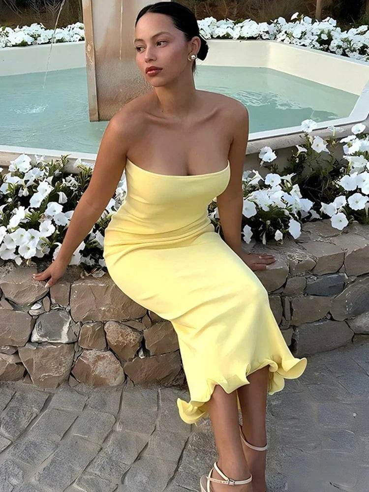 Frill Trim Tube Midi Dress