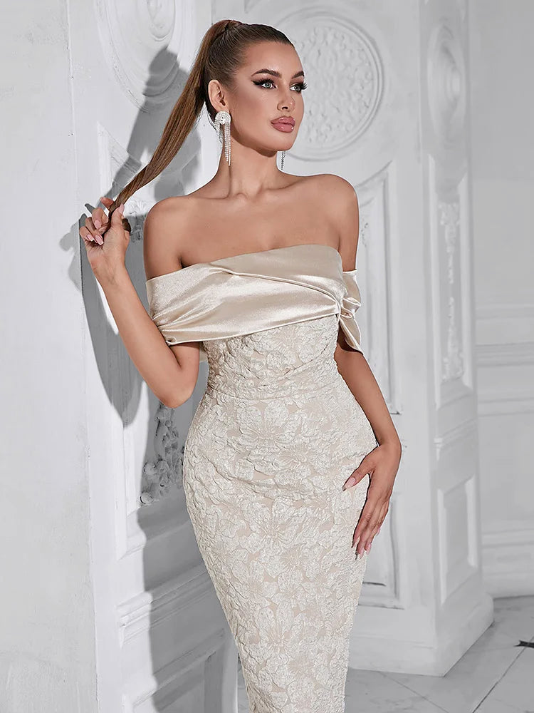 Slash Neck Embossed Flower Beige Dress