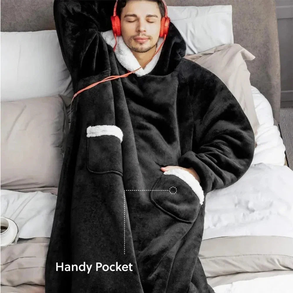 180cm Super Long Flannel Blanket Pyjamas with Sleeves Winter Hoodies Sweatshirt Women Men Pullover Fleece Giant Oversized Outd