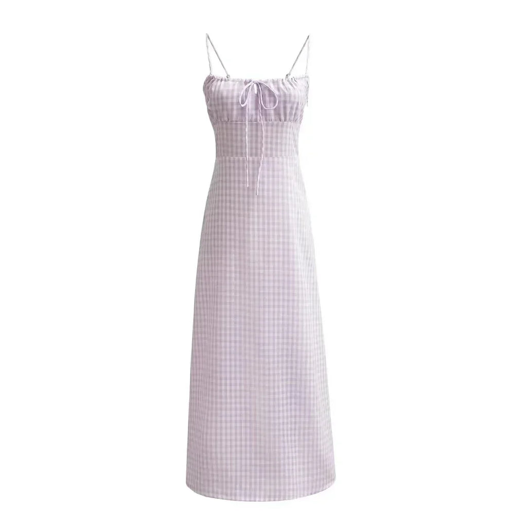 Spaghetti Strap Tie Up Plaid Pink Midi Dress