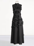 3D Flower Appliqué Mock Neck Midi Dress