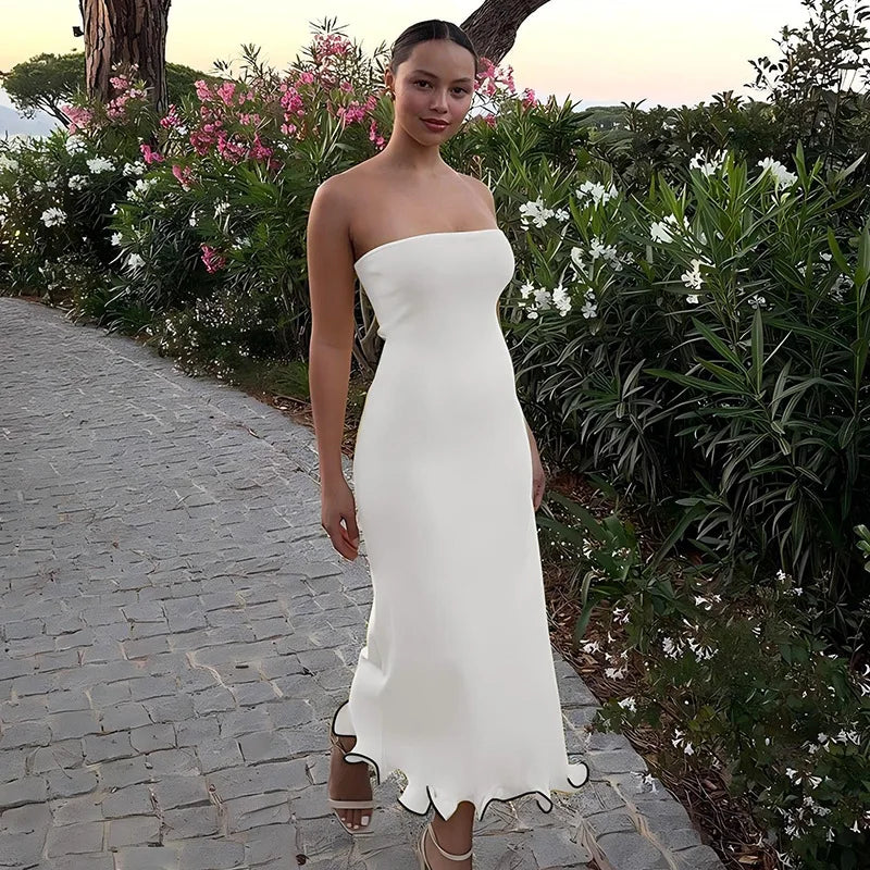 Frill Trim Tube Midi Dress