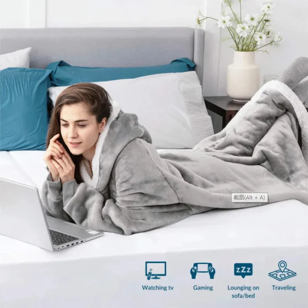 180cm Super Long Flannel Blanket Pyjamas with Sleeves Winter Hoodies Sweatshirt Women Men Pullover Fleece Giant Oversized Outd