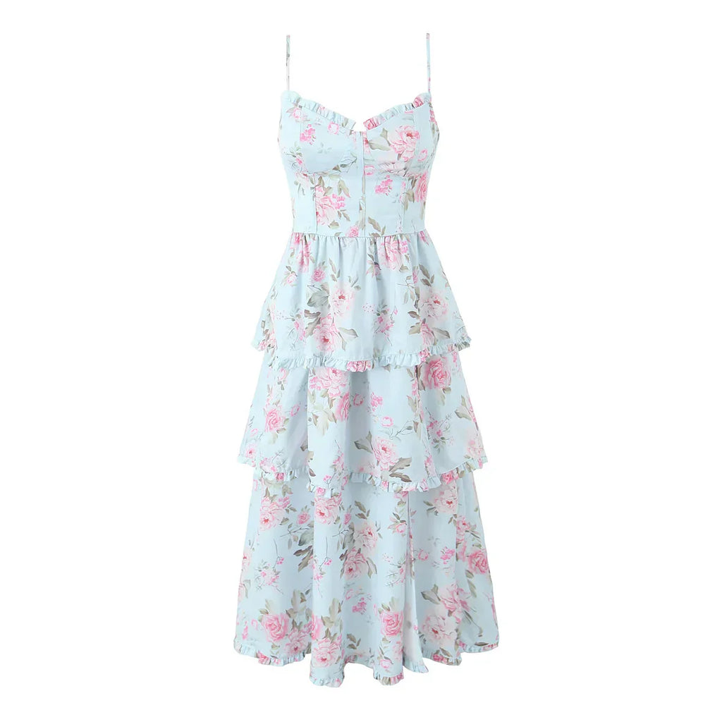 Print Cross Lacing up Back Slit Midi Dress