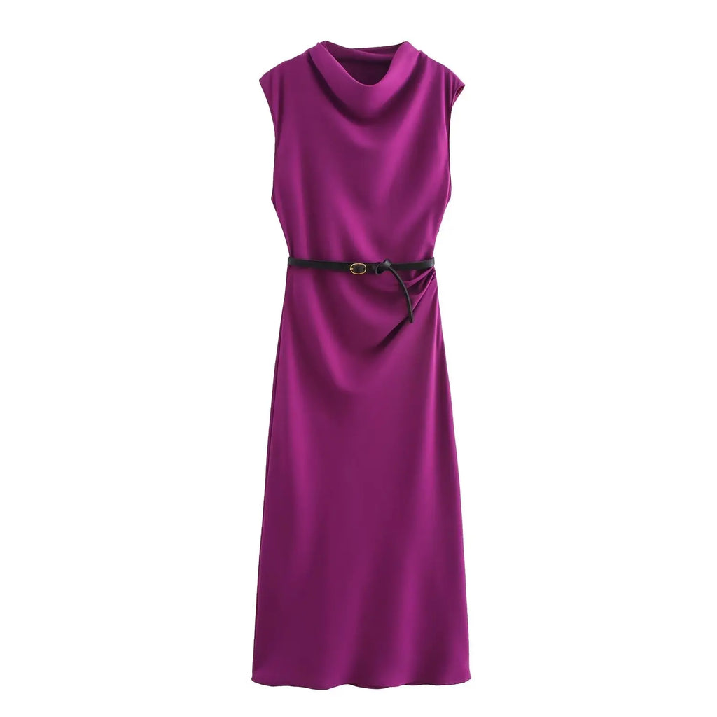 Solid Sleeveless Belted Midi Dress