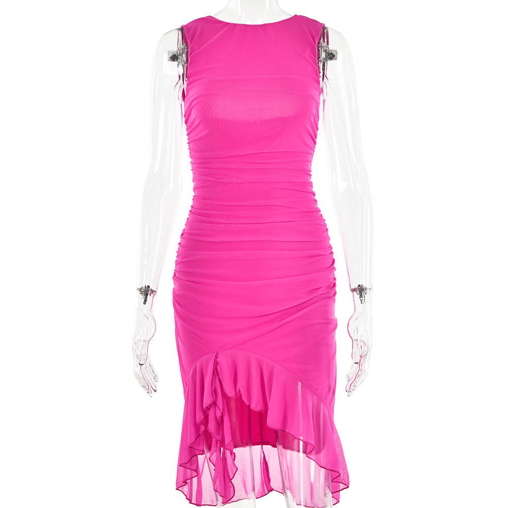 round Neck Sleeveless Tight Backless Pleated Midi Dress