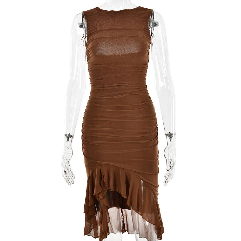 round Neck Sleeveless Tight Backless Pleated Midi Dress