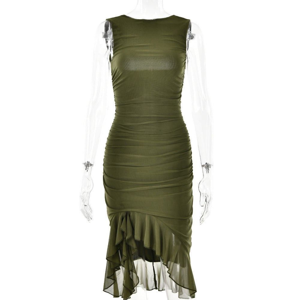 round Neck Sleeveless Tight Backless Pleated Midi Dress