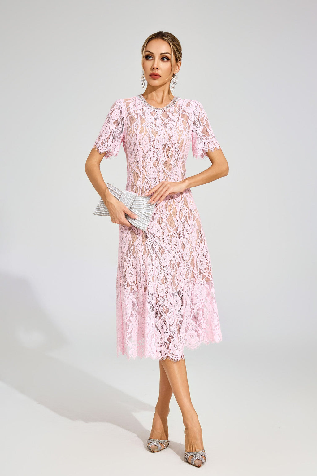 Tate Pink Cut Out Lace Midi Dress
