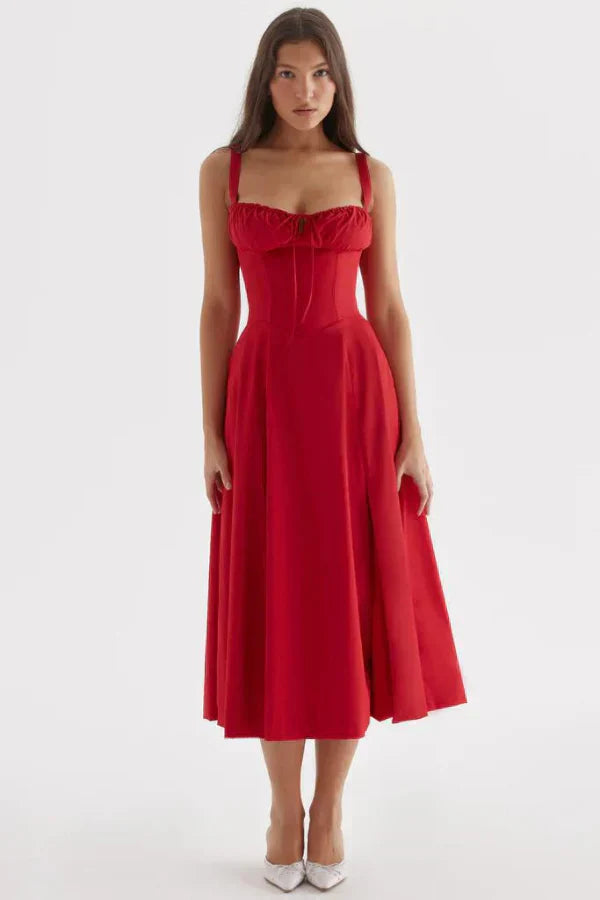 Aurora Floral Corset Midi Dress | Sweetheart Neckline. Slit Skirt. Spaghetti Straps